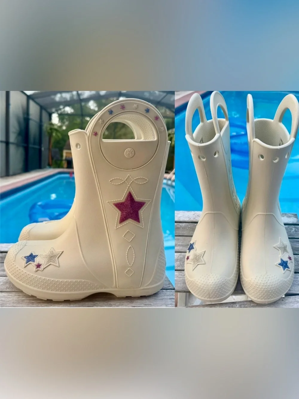 CROCS HANDLE IT WESTERN SUMMIT WHITE GLITTER STARS BIG GIRLS J6~NEW